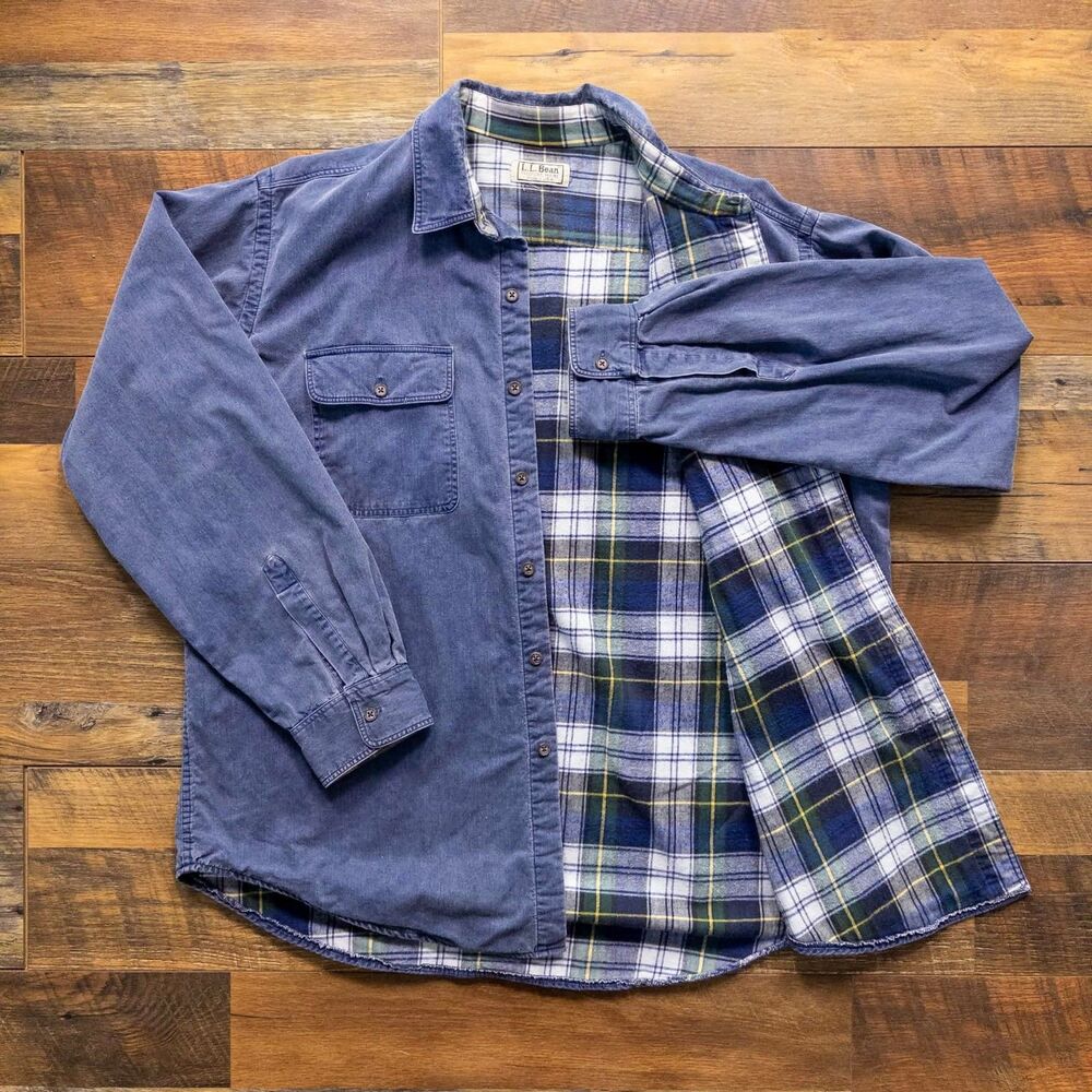 Vintage LL Bean Men's XL Blue Flannel Lined Hurricane Shirt Jacket Made in USA